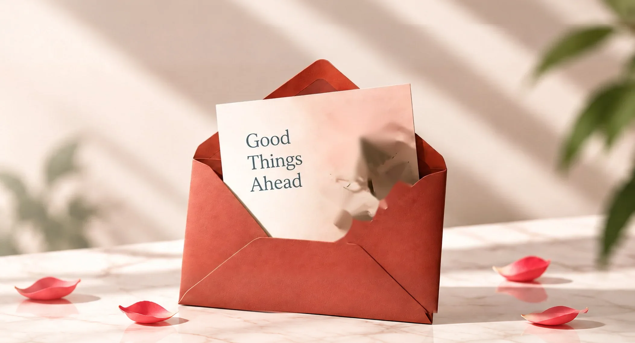 A Good Things Ahead card with a red rose, tucked in a terracotta envelope