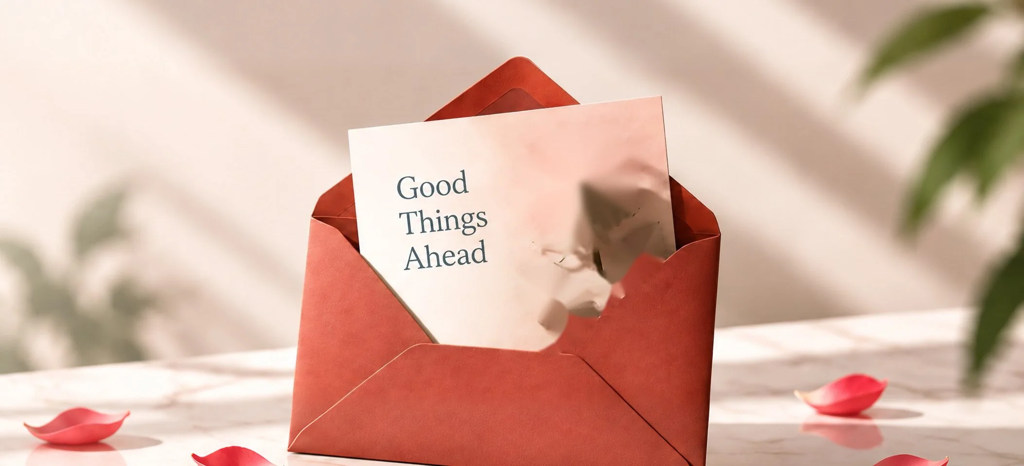 A Good Things Ahead card with a red rose, tucked in a terracotta envelope